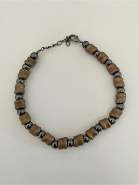 Brown Wood Bead Gunmetal Statement Bracelet Adjustable Boho
